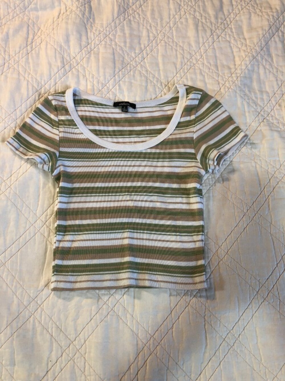 Ambiance Green & Tan Striped Girls/Big Girls Ribbed T-shirt, Size Small